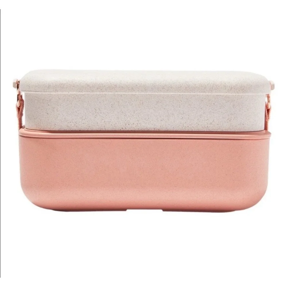 Our Place Layered Lunch Box w/Clips & Utensils Pink Rose Gold Bento Meal Prep